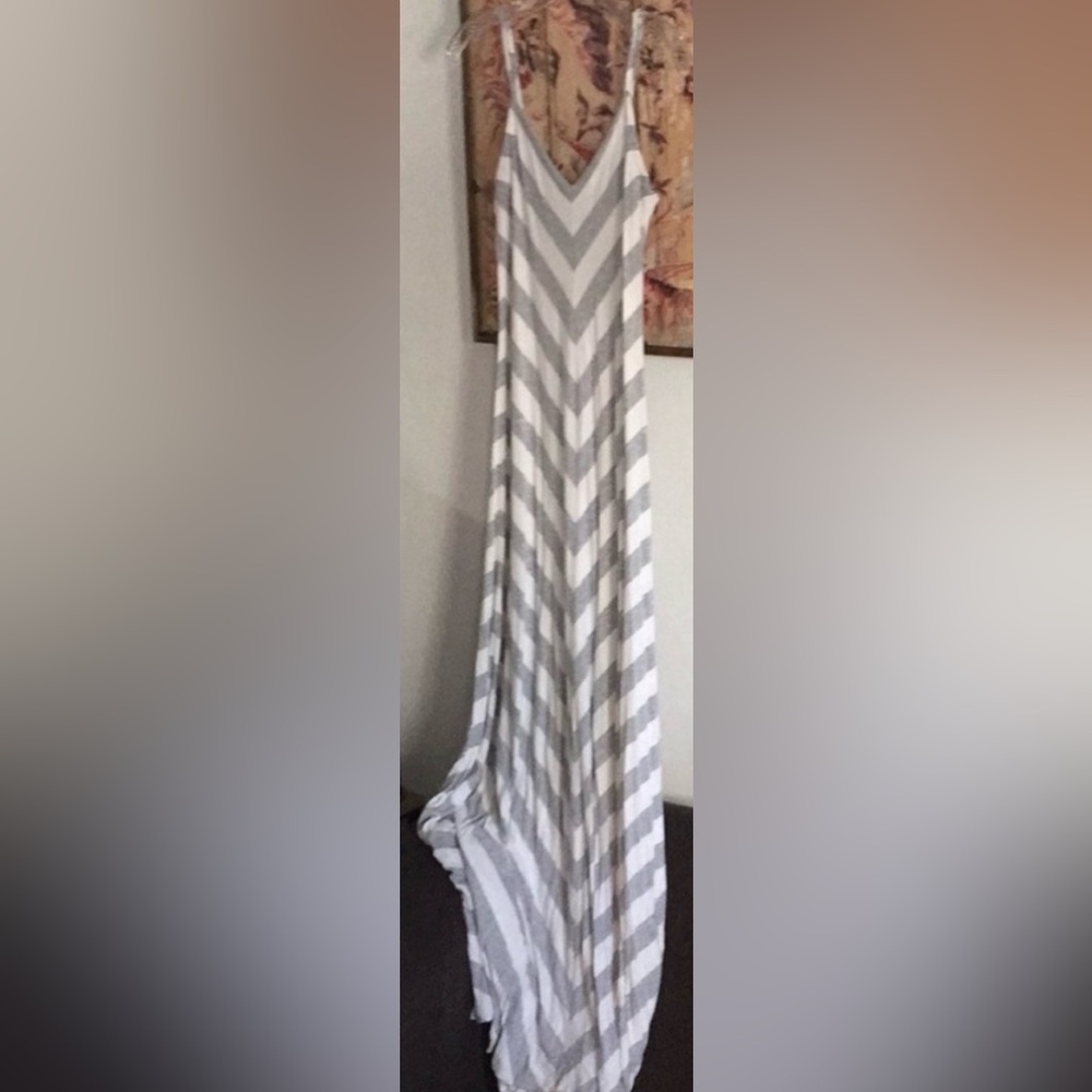 Matty M Gray and White Striped Maxi Dress in Size Medium